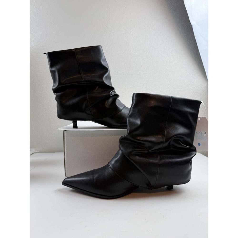 Time And Tru Black Scrunch Fold Over Pointed Toe Kitten Heel Boots Womens Sz 9 - Picture 6 of 9